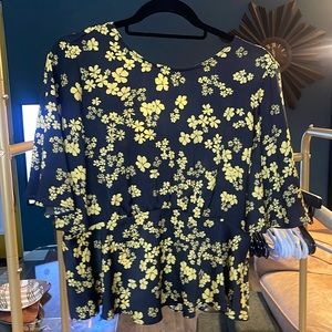 Who wear what satin blouse yellow floral design peplum shape great condition